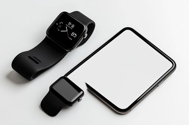 Photo black smartohone and smart watch on white background