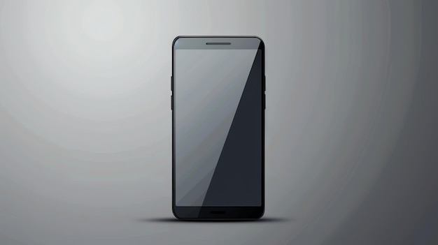 A black smartphone with a blank screen on a grey background