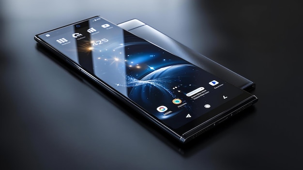 Photo a black smartphone with a curved screen lies on a black surface