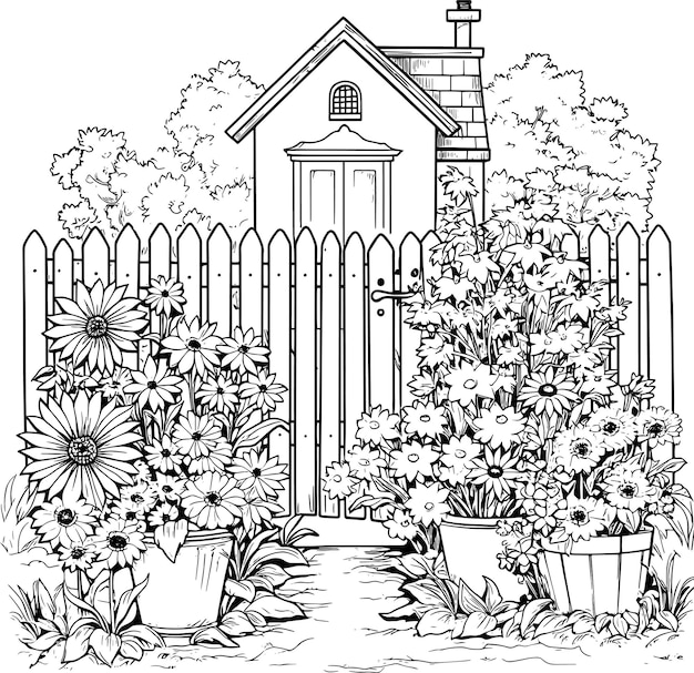 Photo a black and white drawing of a fence with flowers and a fence