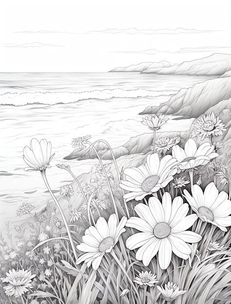 Photo a black and white drawing of flowers and the ocean