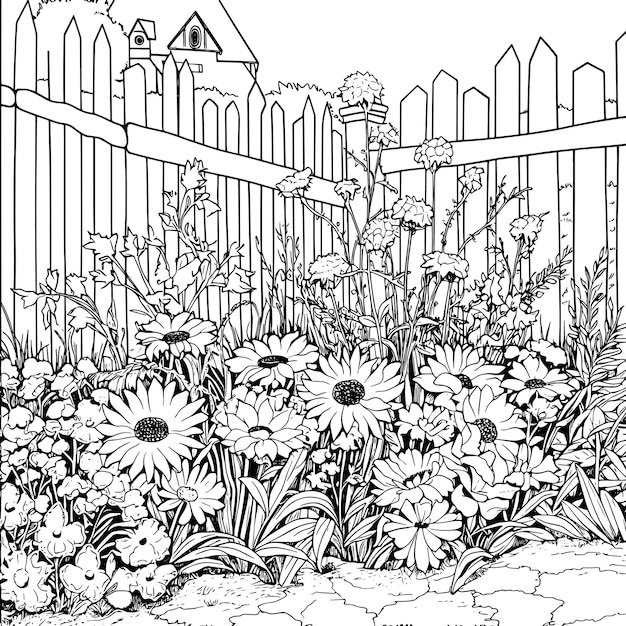 Photo a black and white drawing of a garden with a fence and flowers