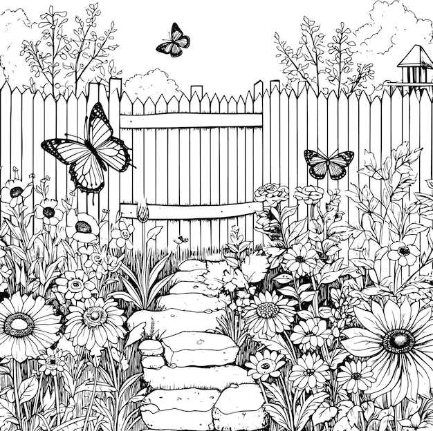 Photo a black and white drawing of a garden with flowers and butterflies