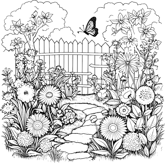 Photo a black and white drawing of a garden with flowers and a butterfly