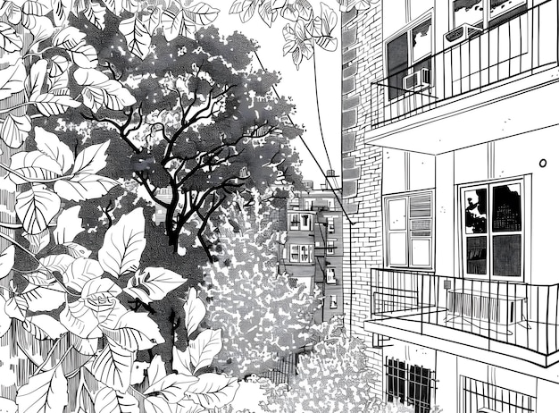 Photo black and white illustration of city buildings and trees