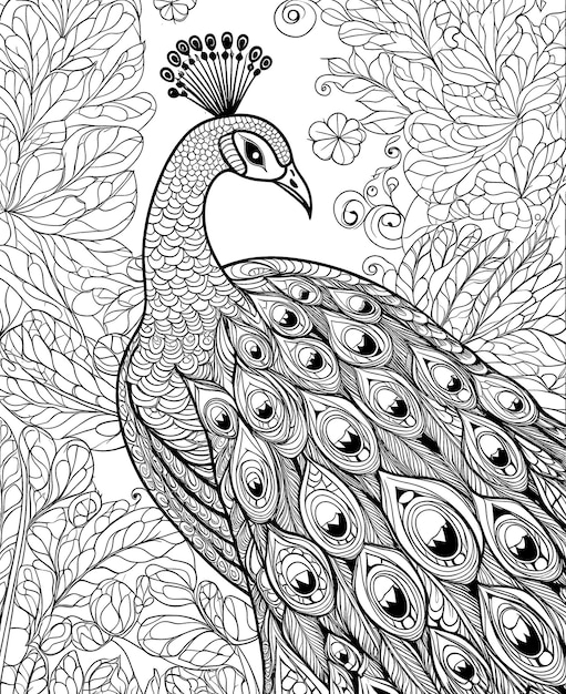 Photo black and white illustration for coloring birds peacock selective soft focus