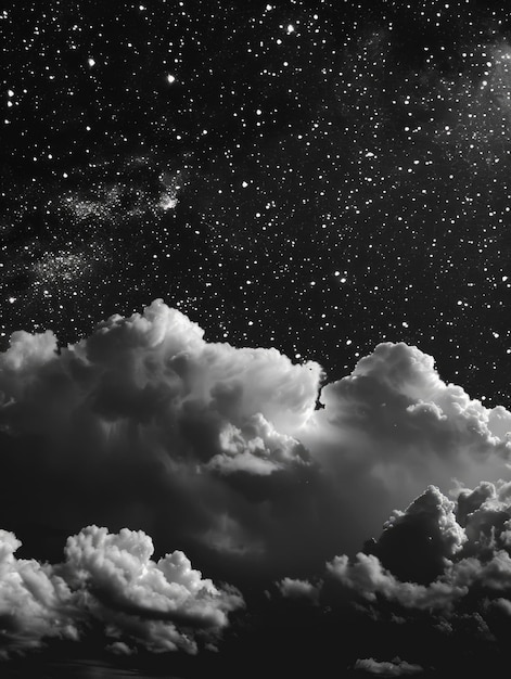 Photo a black and white photo of a cloudy night sky with stars