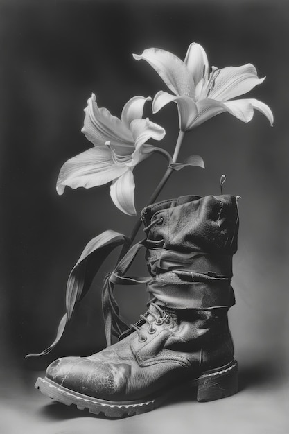 Photo black and white photo of old boots and lily flower on gray background