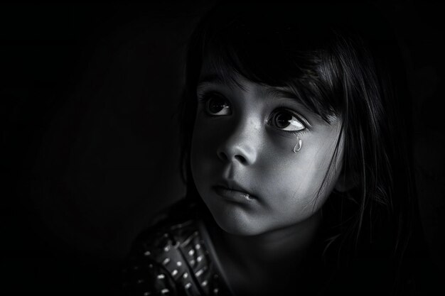 Black and white portrait of a sad young girl with a tear in her face isolated on a dark background