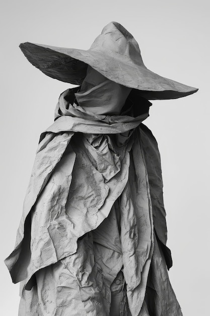 A black and white portrait of a woman in a hat and raincoat