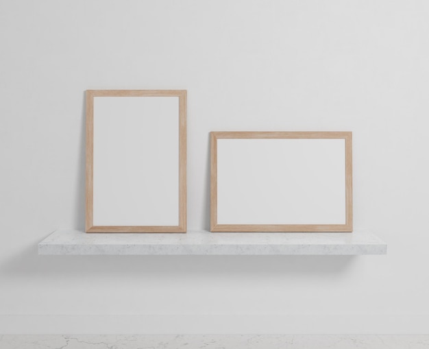 A blank bright wooden frame hangs on the white wall background, a3, a4, 3d rendering, 3d illustratio