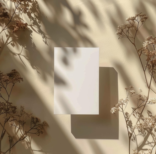 Photo blank card on beige background with dried flowers and sunlight shadows