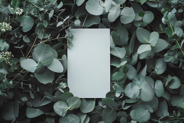 A blank card mockup on a bed of fresh eucalyptus leaves for a refreshing and aromatic event style