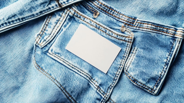 Foto etichetta di abbigliamento vuota su jeans blu chiaro vista superiore