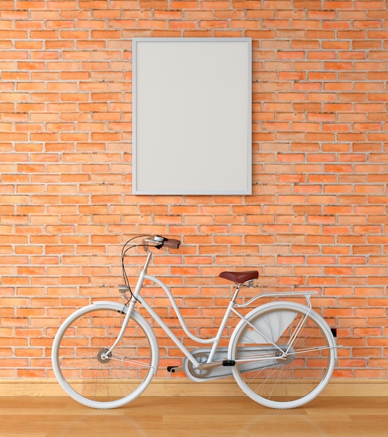 Blank photo frame for mockup on wall and white bicycle, 3D rendering