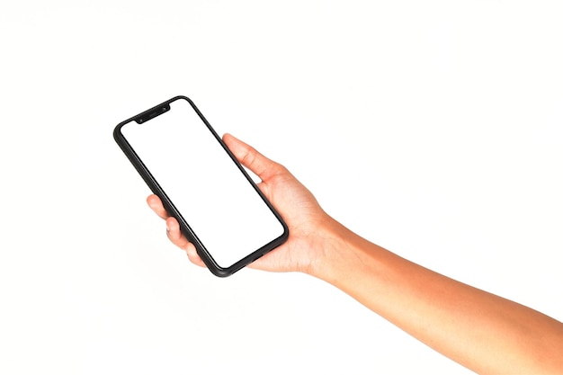 Blank screen phone in hand white background