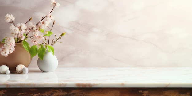 Photo blooming spring branches in vases on marble table