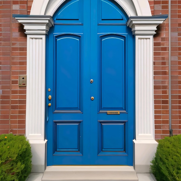 A blue door with a gold letter opener on it