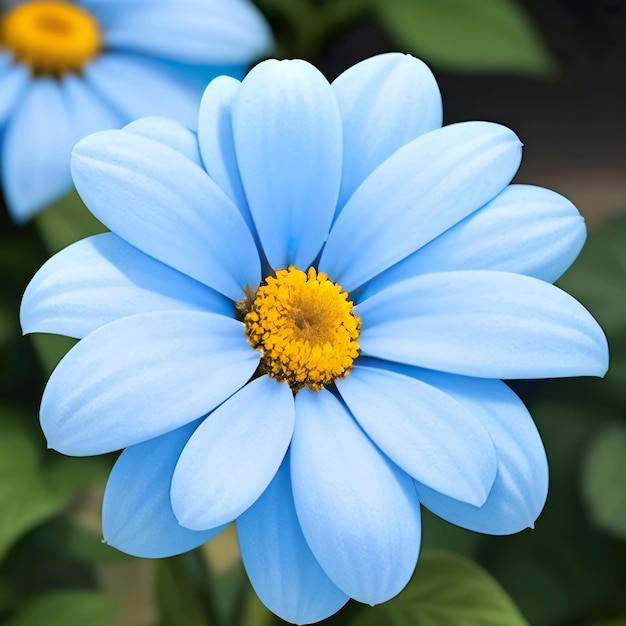 A blue flower with a yellow center and a yellow center.