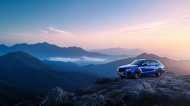 Photo a blue ford suv sits on a mountain top