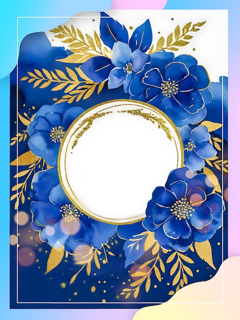 Photo a blue and gold card with blue flowers and a round circle