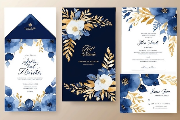 Photo blue and navy indigo floral and gold watercolor wedding invitation vector set luxury background and template layout design for invite card