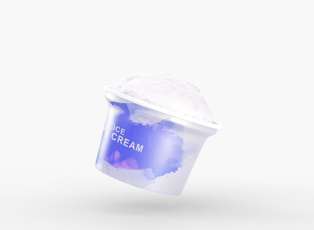 Blue plastic cup with ice cream ball Realistic mockup paper bucket round jar or food container with texture sundae Package with dairy product cold summer dessert isolated on background 3d render