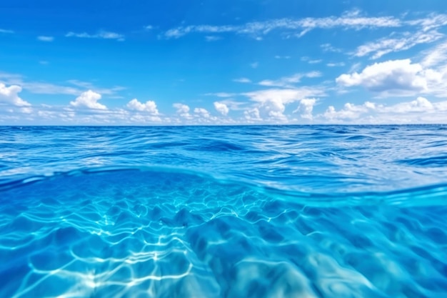 Photo blue sea ocean water surface and underwater with sunny and cloudy skyseascape summer background wallpaper