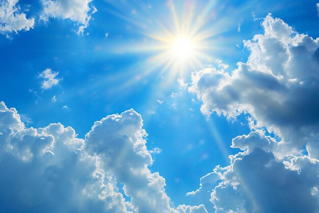 Photo blue sky background with tiny clouds and sunbeams nature background