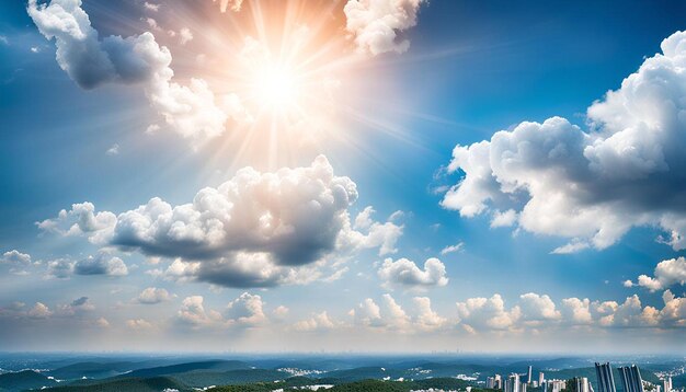 Photo blue sky background with white clouds and sun