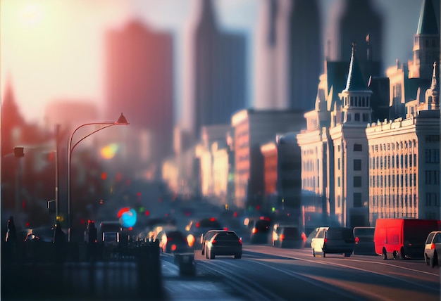 Blurred city background road in the stone jungle skyscrapers in the background