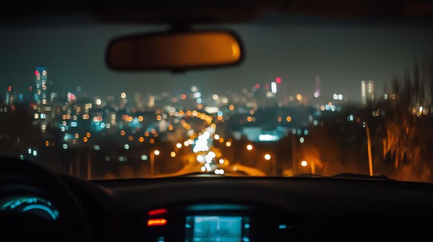 Photo a blurry view of a city at night from inside a car