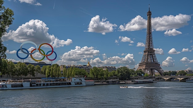 a boat is passing by a tower with the eiffel tower in the background