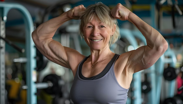 Body positive mature woman showing muscles in gym