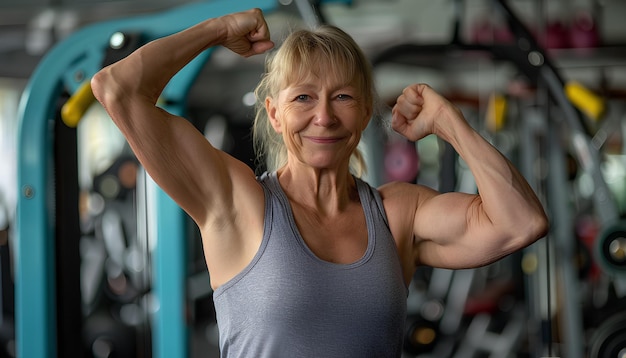 Body positive mature woman showing muscles in gym