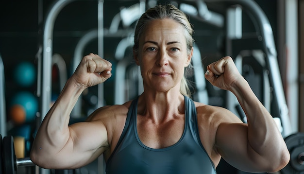 Body positive mature woman showing muscles in gym