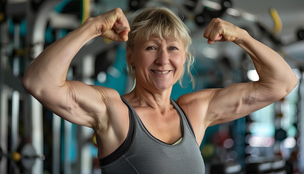 Body positive mature woman showing muscles in gym