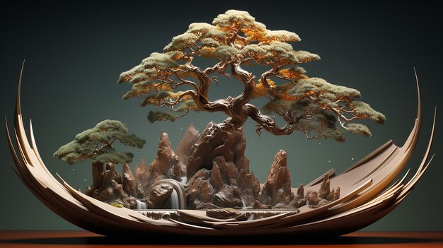 bonsai tree intricate form a testament to nature's art placed against a deep earth tones backdrop