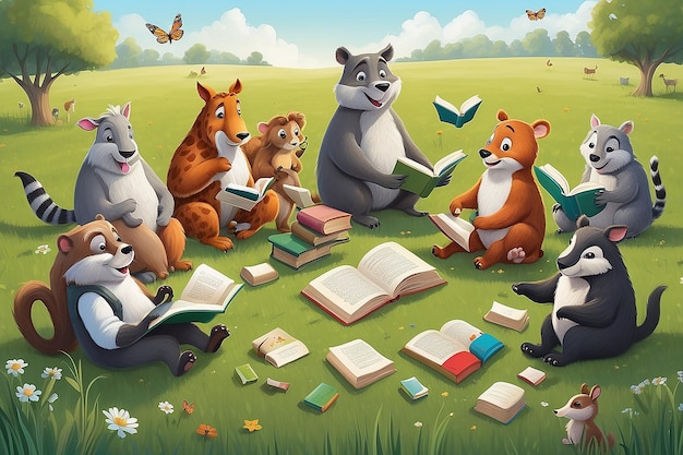 Bookworm Gathering Animals Literary Club in Grass Field