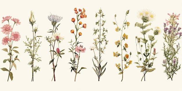 Photo botanic herbs wild flowers in retro style iconic watercolor illustration of wildflowers with loose p