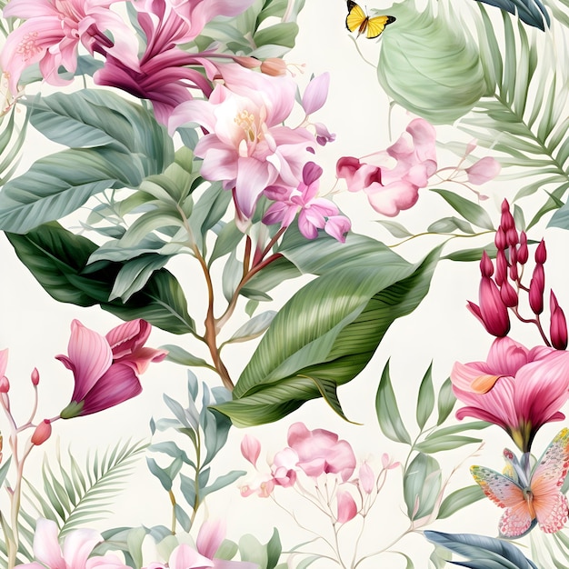 Photo botanical garden seamless pattern with butterlies and flowers