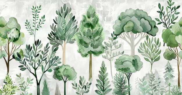 Photo botanical wallpaper forest seamless border with trees watercolour drawing painting artwork