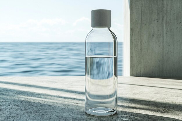 Photo a bottle of clear liquid sits on a concrete surface