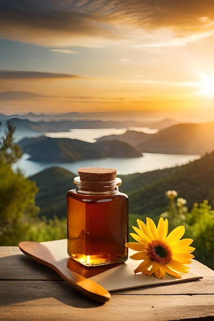 A bottle of honey next to a flower on a table