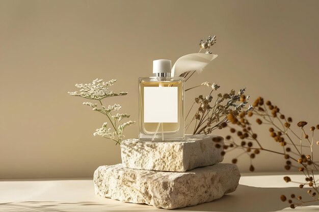 Photo a bottle of perfume sits on a stone structure with a flower in the middle