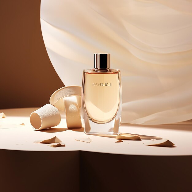 Photo a bottle of perfume sits on a table with a white cloth behind it