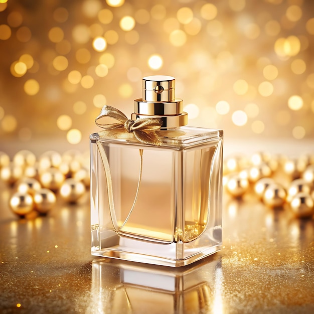 a bottle of perfume with a gold bow on the top