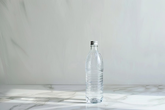 Photo a bottle of water sits on a table with a purple background