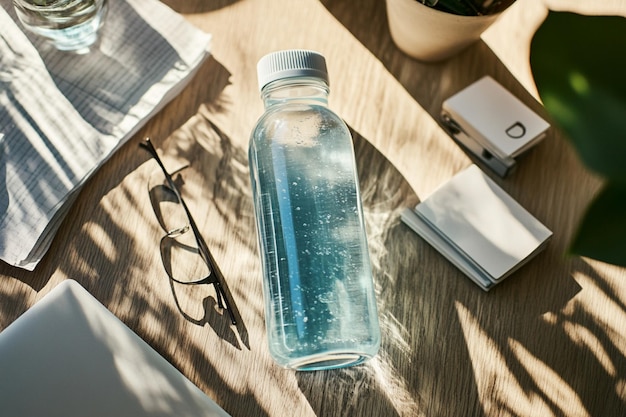 Photo a bottle of water with a blue lid sits on a table