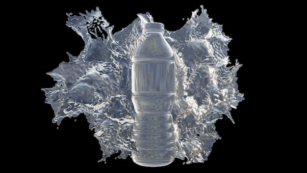 Bottle of water with splashes, 3d rendering.